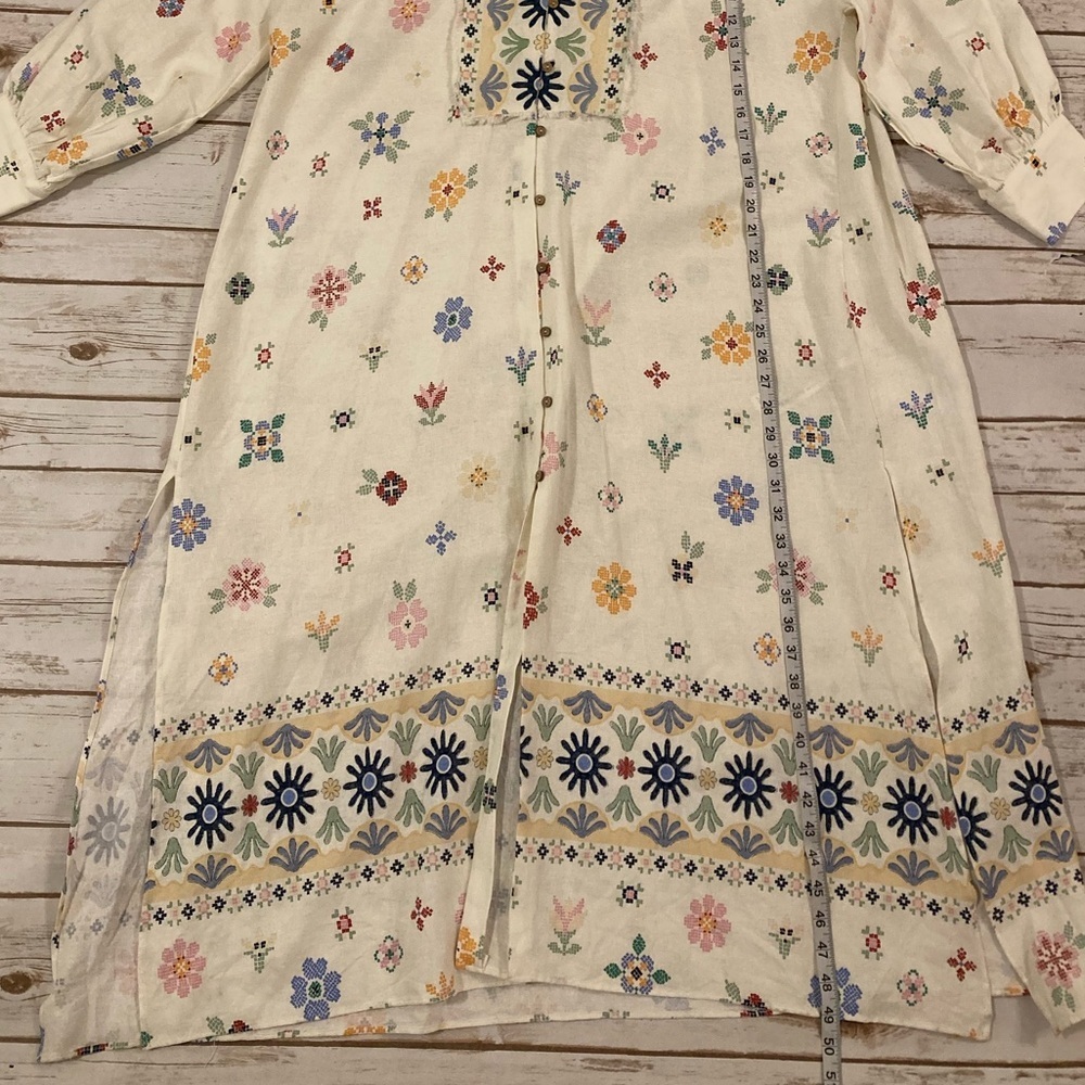 ZARA Oversized Linen Blend Floral Print MIDI  Kaftan Dress White Large - Picture 6 of 13